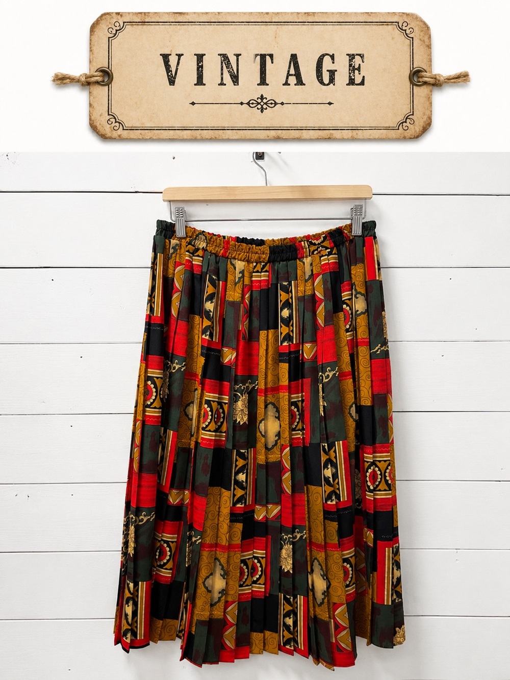 Vintage Pleated Midi Skirt – Multicolor Print – Size 16